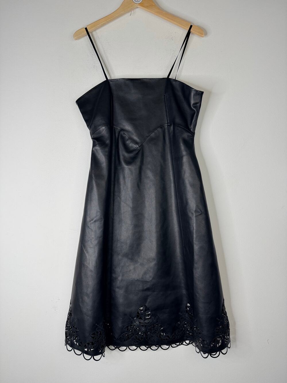 Ollari Black Vegan Leather Midi Dress M Floral Laser Cut Corset Gothic Bodycon